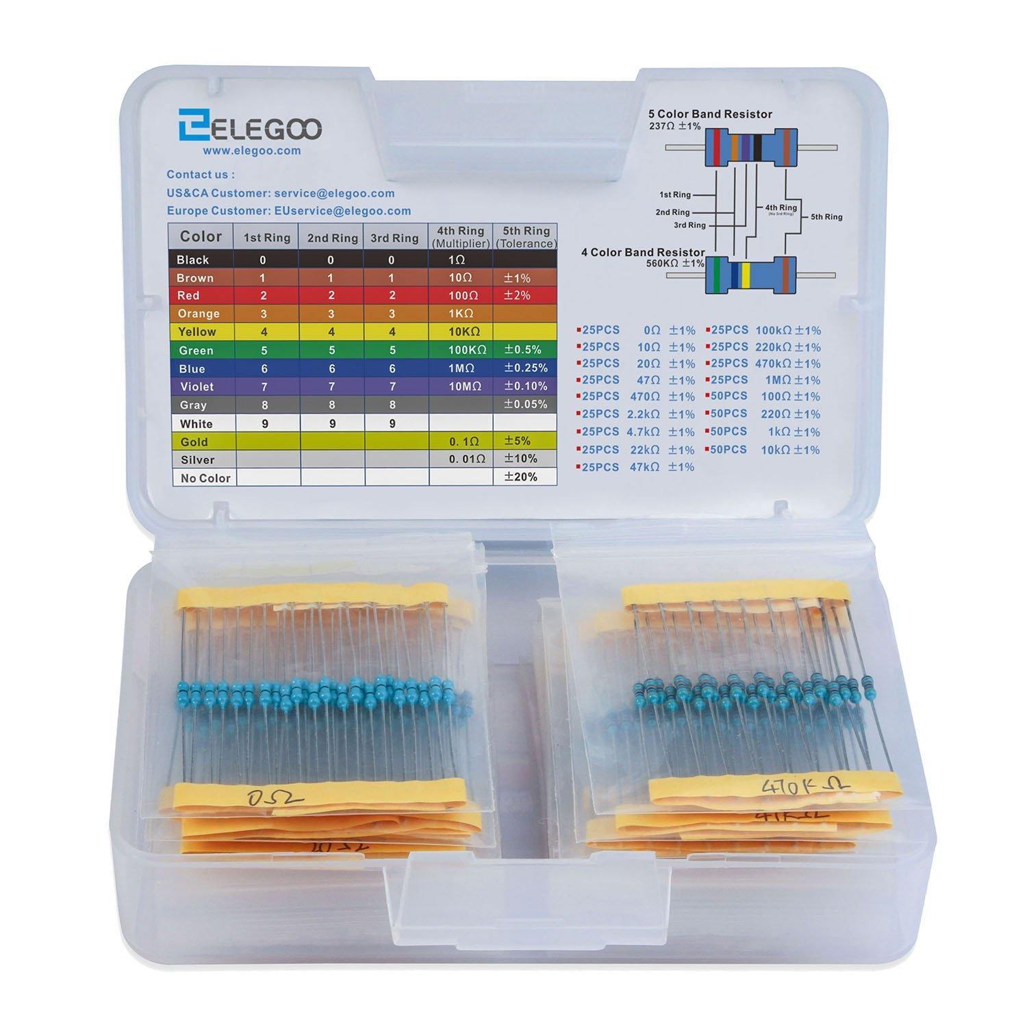 ELEGOO 17 Values 1% Resistor Kit Assortment (Pack of 525, 0 Ohm-1M Ohm) –  ELEGOO Official