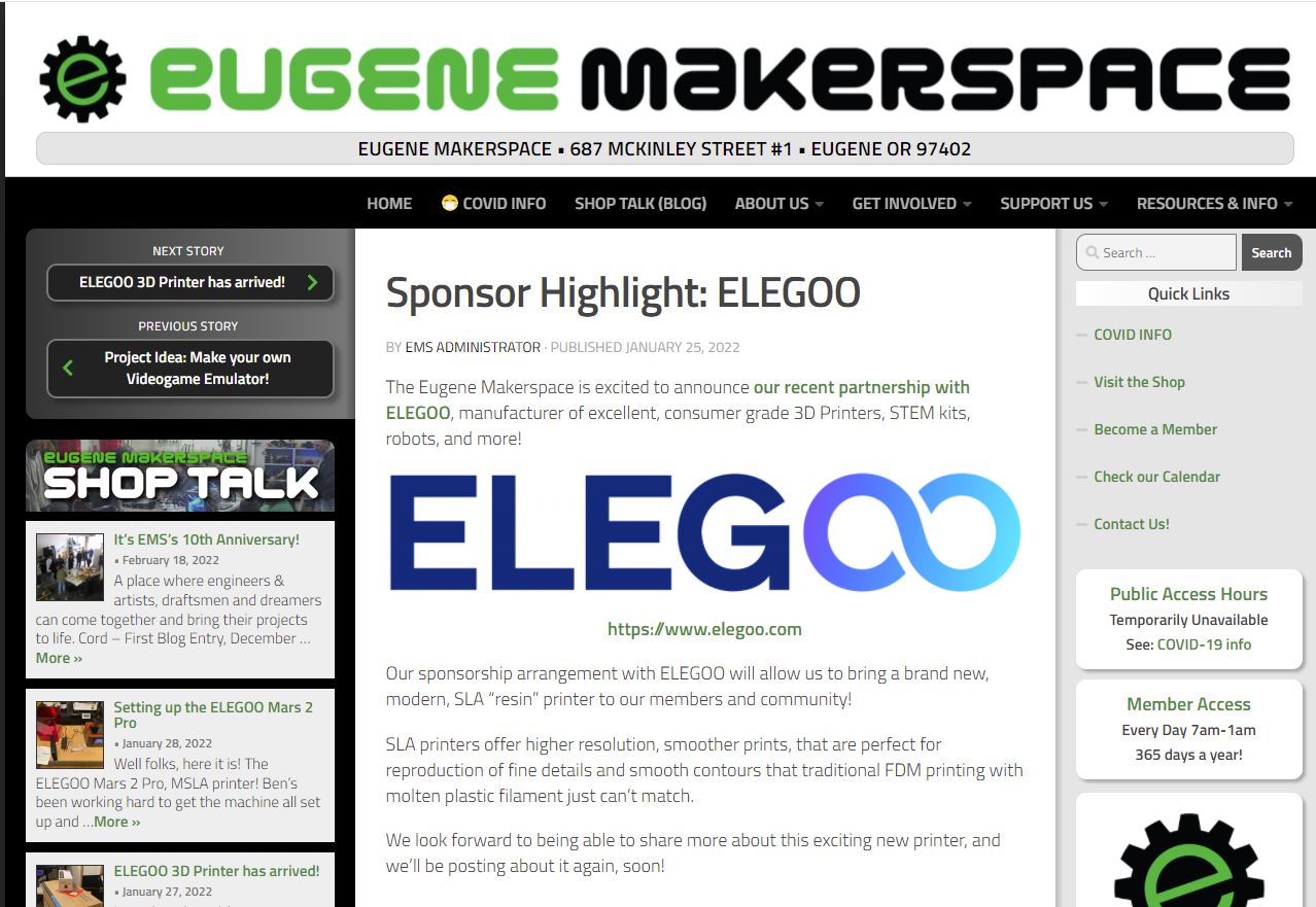 ELEGOO Established Sponsorship with Eugene Maker Space to bring SLA “Resin” Printer to Members and Community