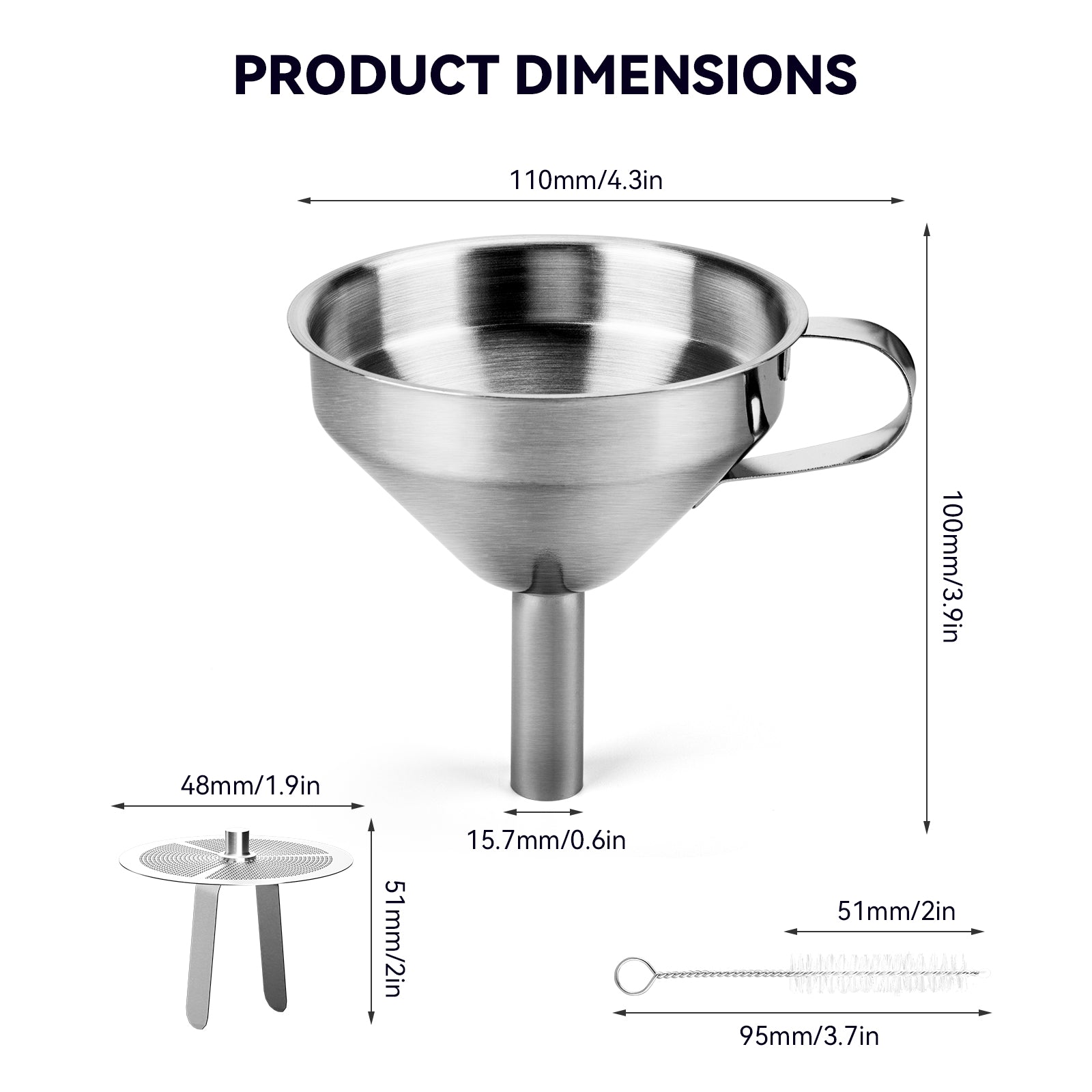 ELEGOO 3D Stainless Steel Funnel Product Dimensions